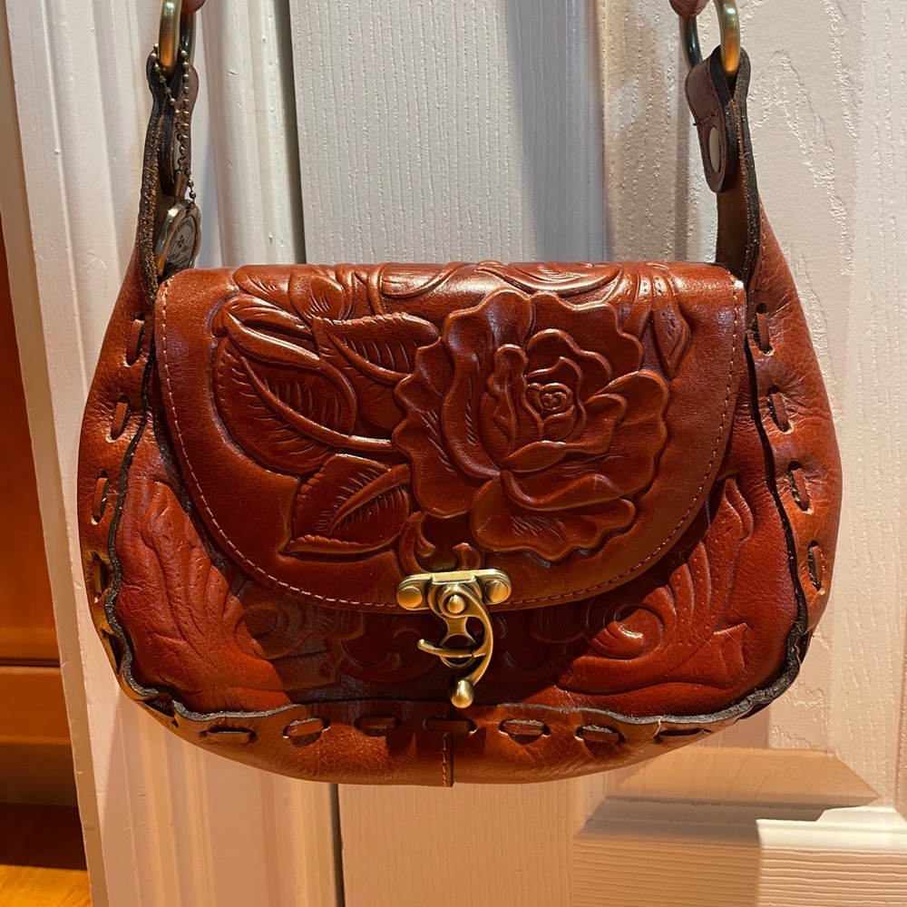 Patricia Nash Lucia Tooled Leather Crossbody Bag. Rosetool, Small: 10"x6"x4"